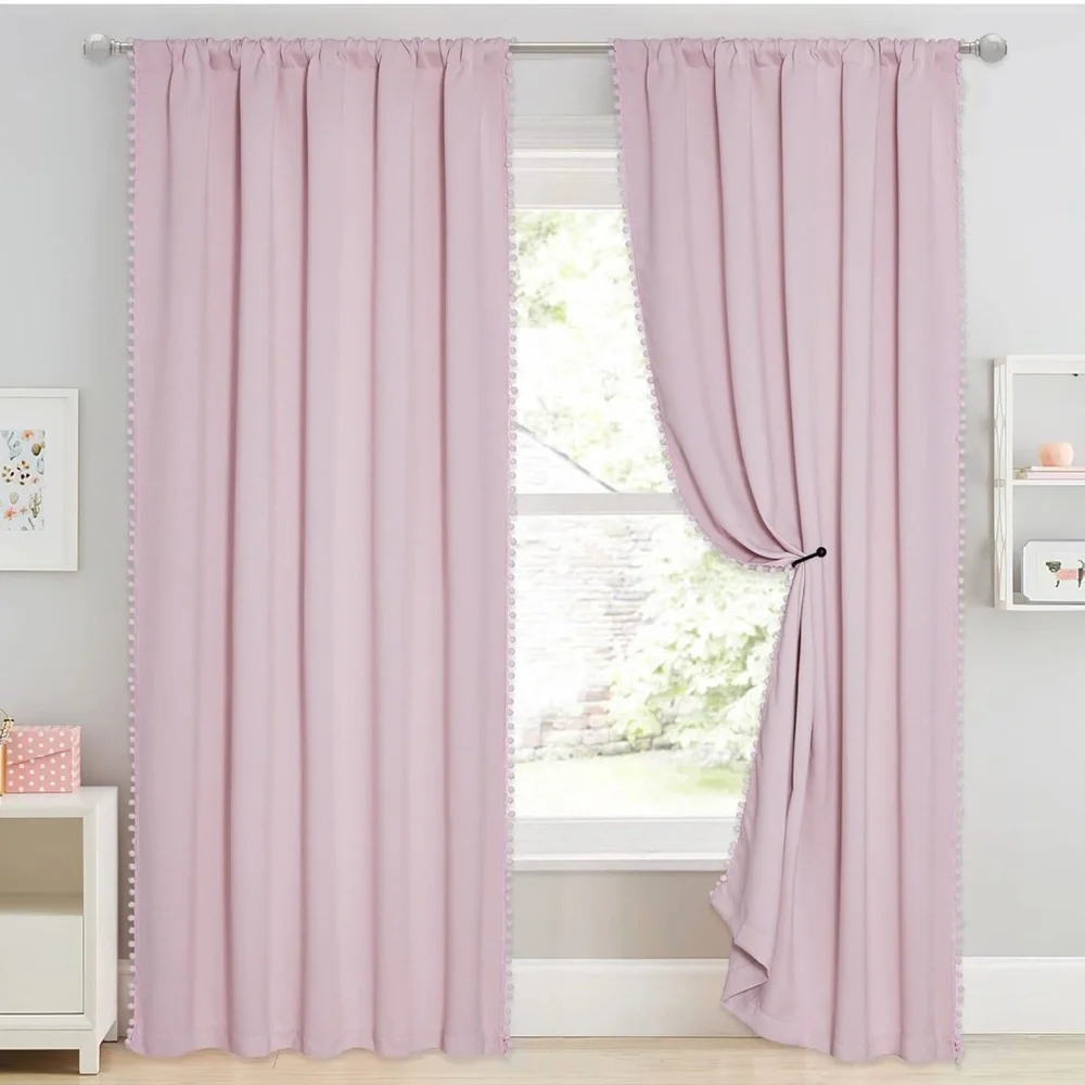 Dusty Pink Pom-Pom Trim Curtains - Stylish Window Drapes